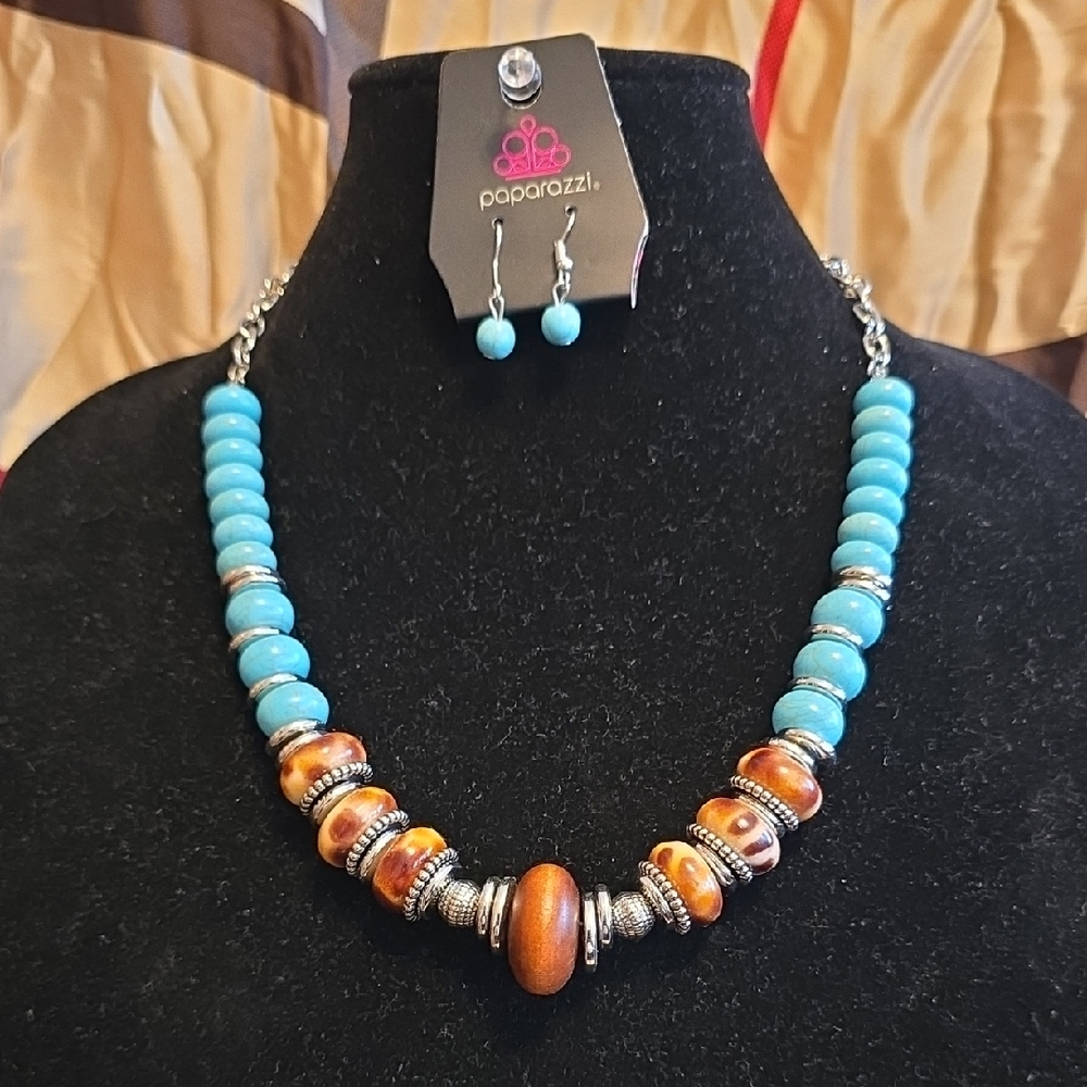 Paparazzi Turquoise and Amber Beaded Necklace Set